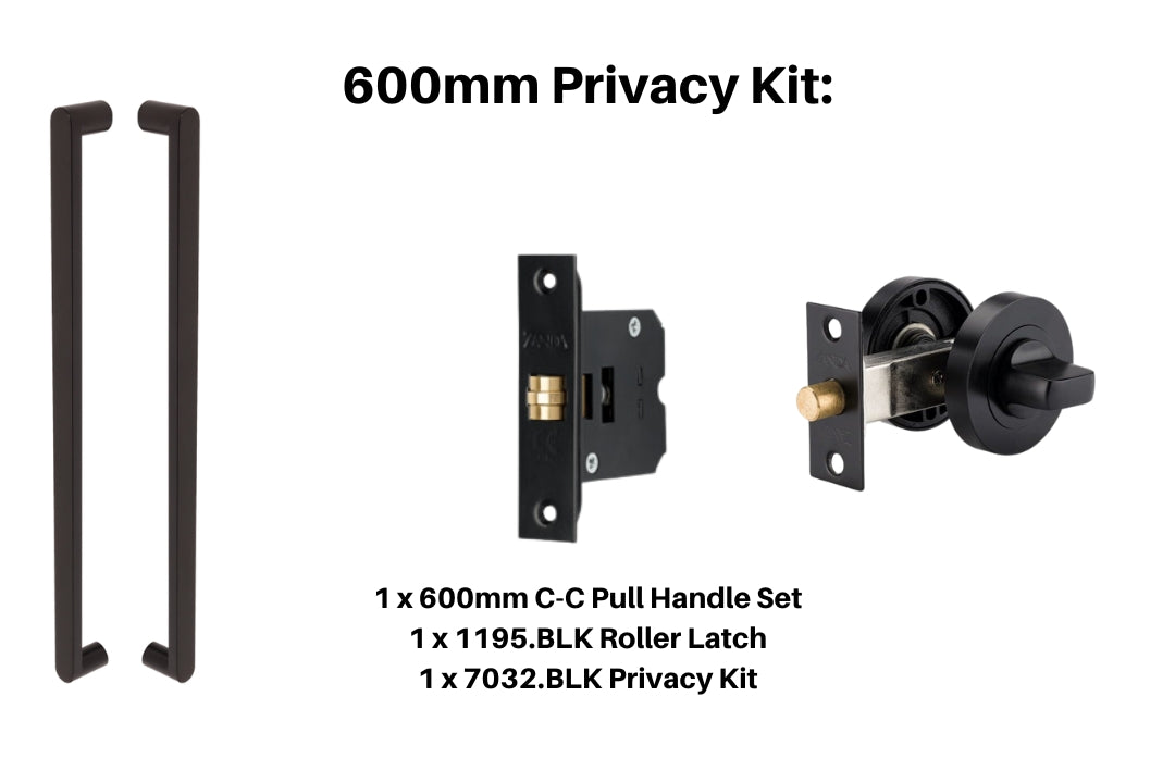 Product picture of the Duke Matt Black Pull Handle 600mm Privacy Kit on a white background.
