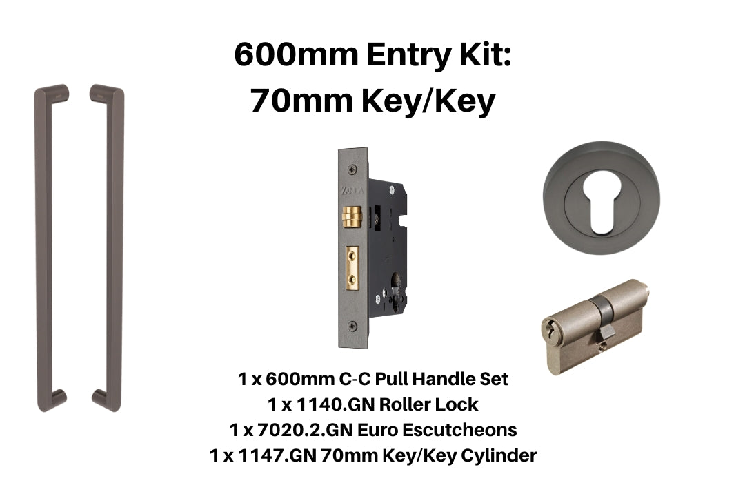 Product picture of the Zanda Duke Graphite Nickel Pull Handle 600mm 70mm Key/Key Euro Mortice Kit on a white background.