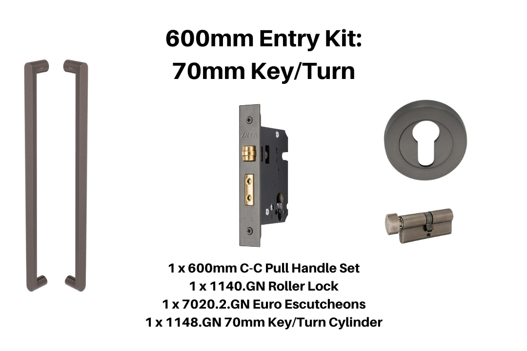 Product picture of the Zanda Duke Graphite Nickel Pull Handle 600mm 70mm Key/Turn Euro Mortice Kit on a white background.