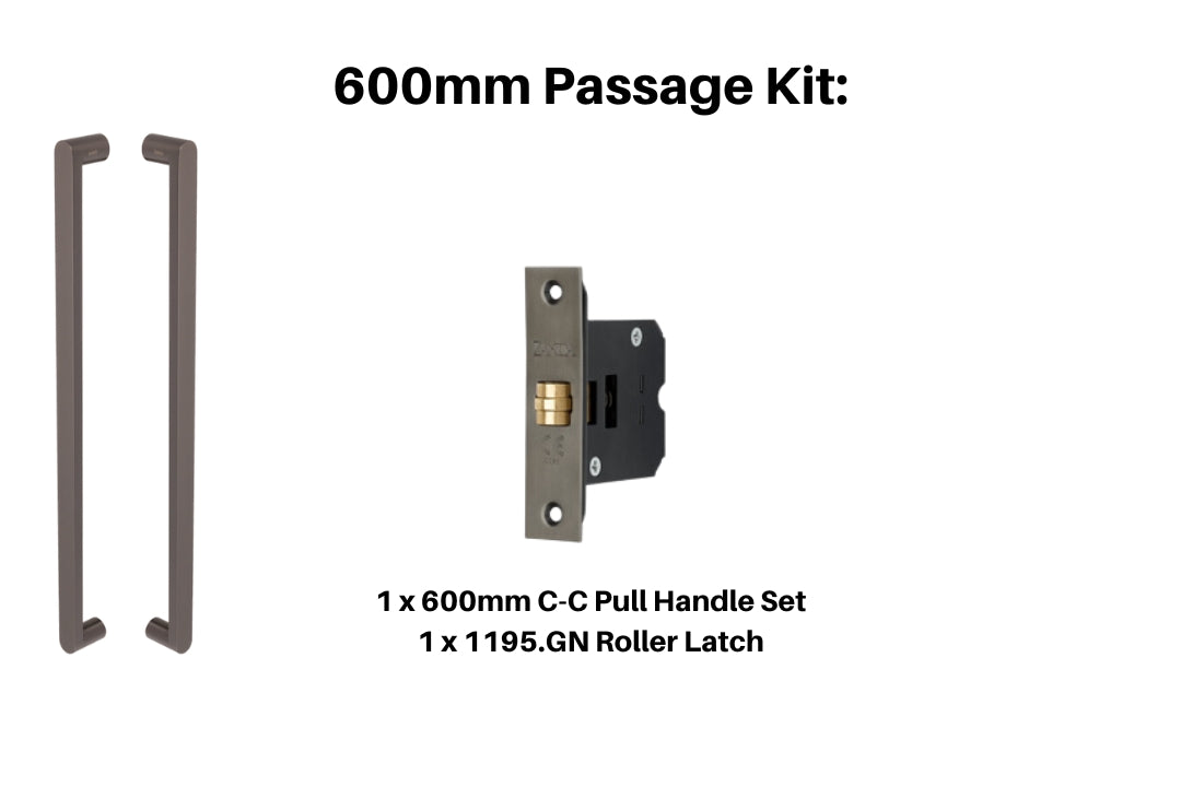 Product picture of the Zanda Duke Graphite Nickel Pull Handle 600mm Passage Kit on a white background.