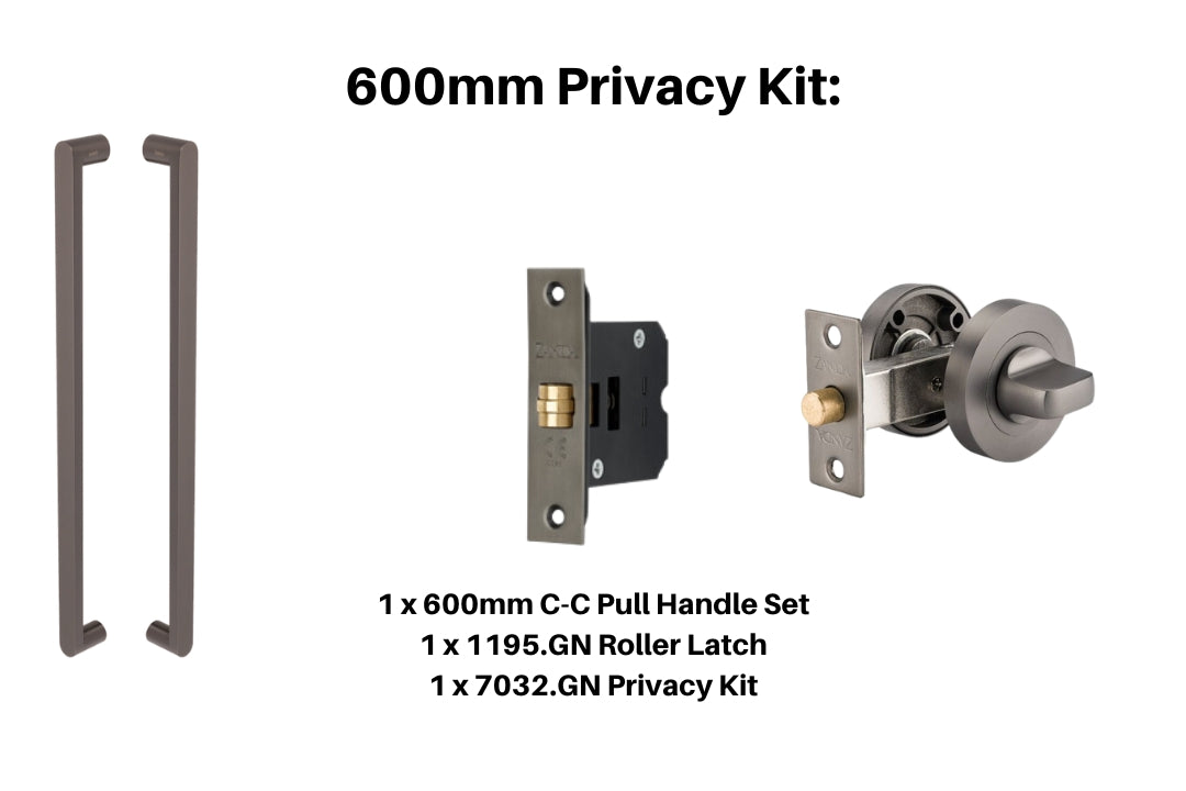 Product picture of the Zanda Duke Graphite Nickel Pull Handle 600mm Privacy Kit on a white background.