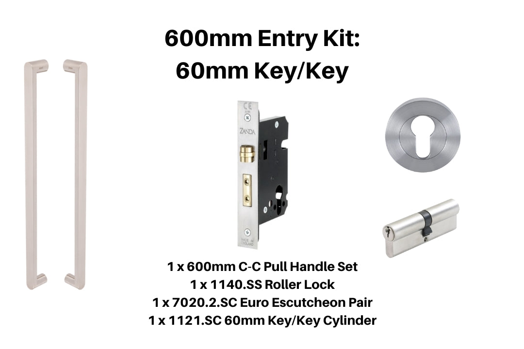 Product picture of the Duke Stainless Steel Pull Handle 600mm Entry Kit 1 on a Stainless Steel background.