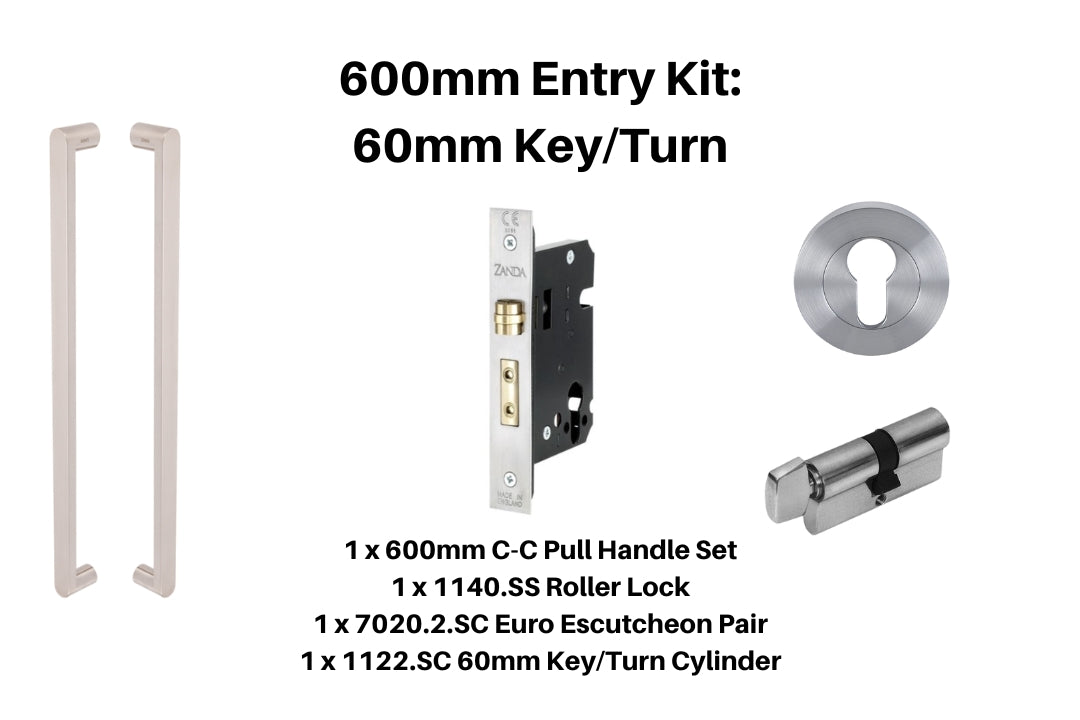 Product picture of the Duke Stainless Steel Pull Handle 600mm Entry Kit 2 on a Stainless Steel background.