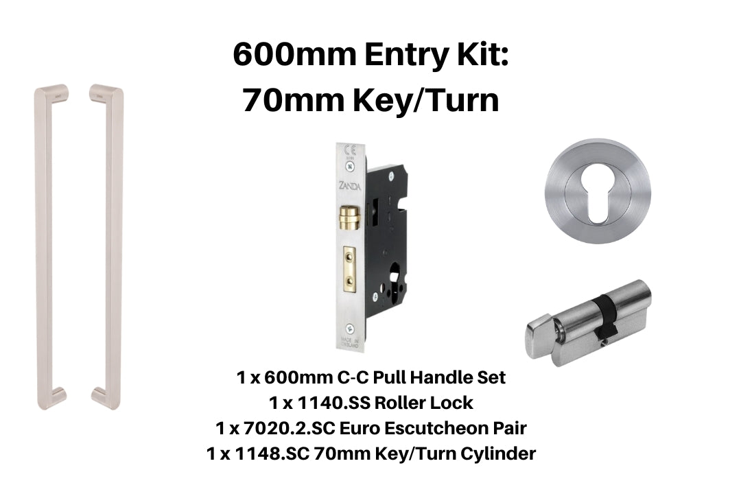 Product picture of the Duke Stainless Steel Pull Handle 600mm Entry Kit 4 on a Stainless Steel background.