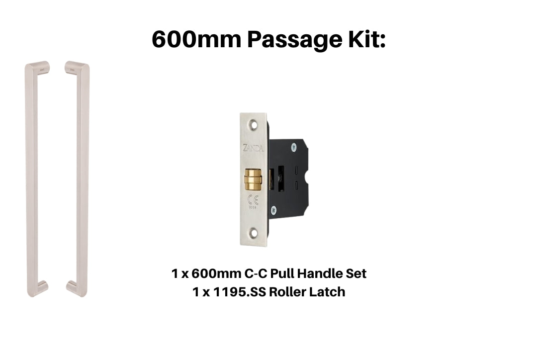 Product picture of the Duke Stainless Steel Pull Handle 600mm Passage Kit on a Stainless Steel background.