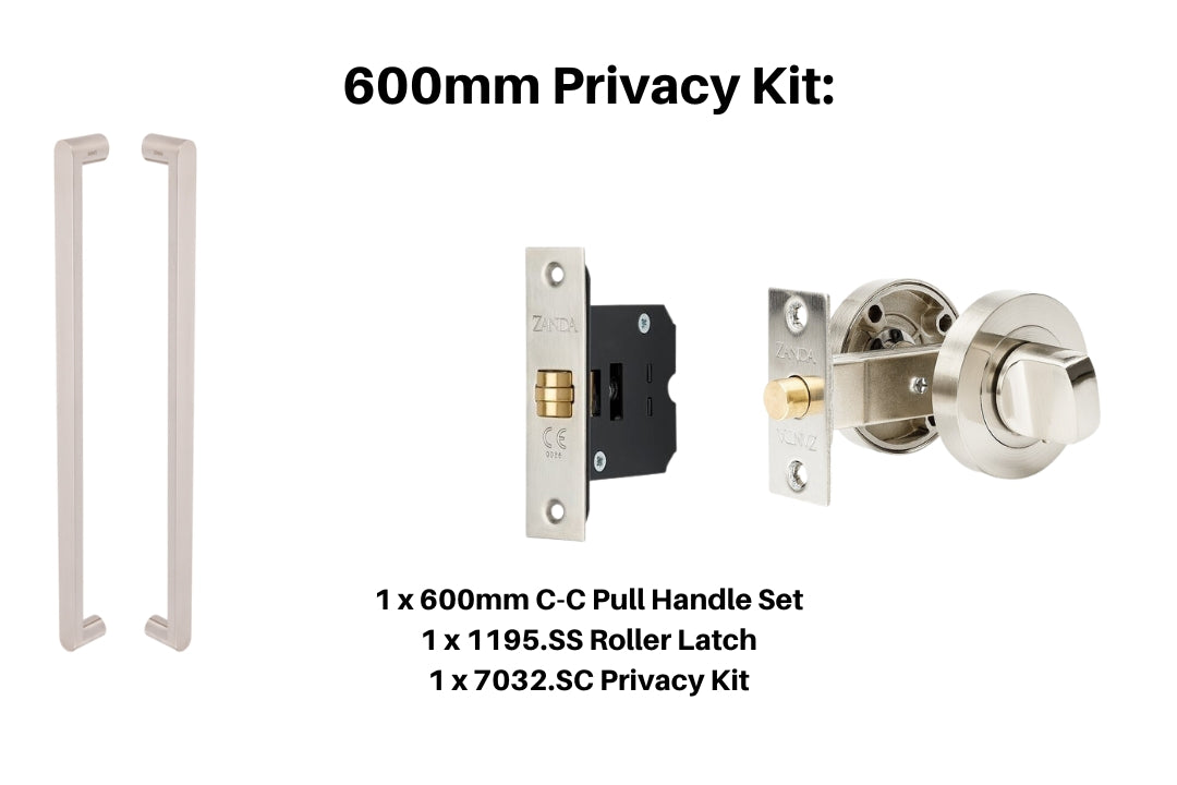 Product picture of the Duke Stainless Steel Pull Handle 600mm Privacy Kit on a Stainless Steel background.
