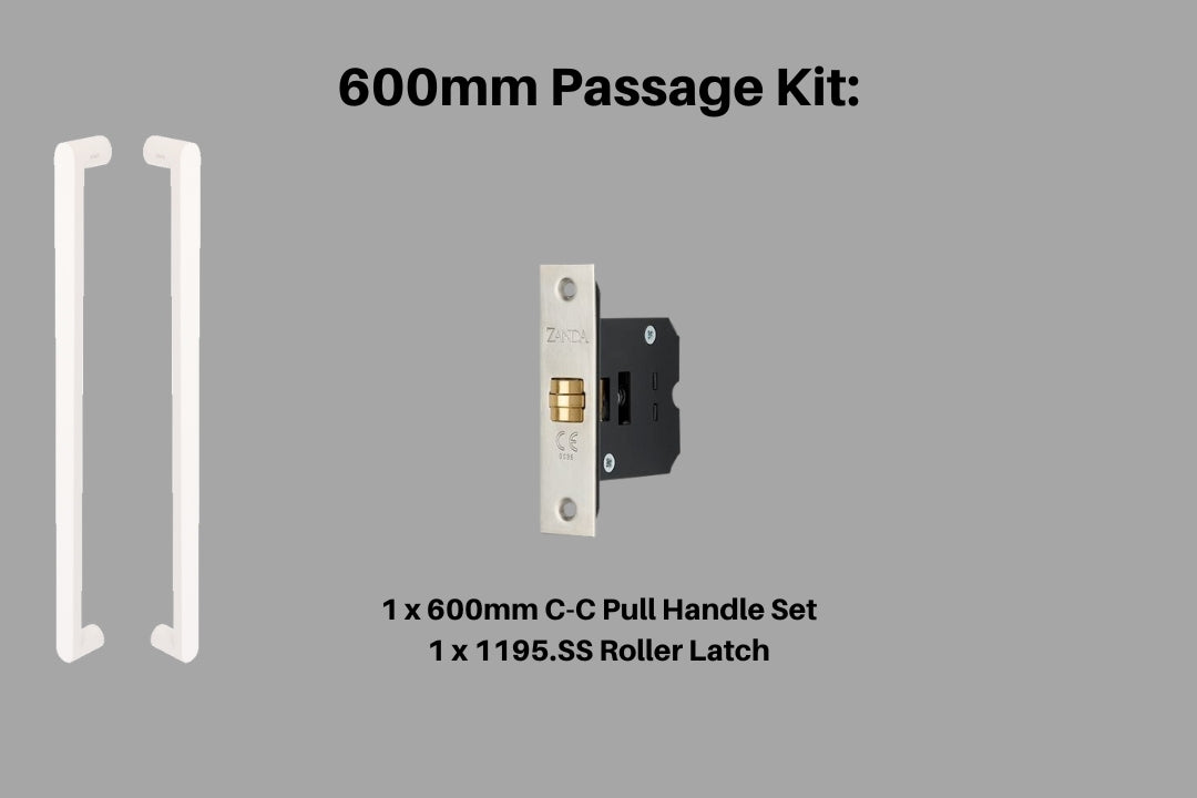 Product picture of the Duke White Pull Handle 600mm Passage Kit on a white background.