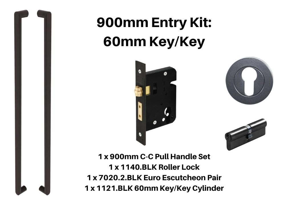 Product picture of the Duke Matt Black Pull Handle 900mm Entry Kit 1 on a white background.