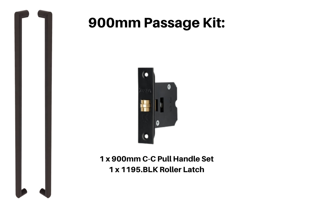 Product picture of the Duke Matt Black Pull Handle 900mm Passage Kit on a white background.