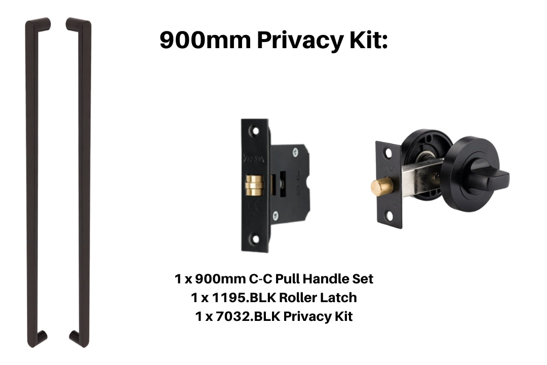 Product picture of the Duke Matt Black Pull Handle 900mm Privacy Kit on a white background.