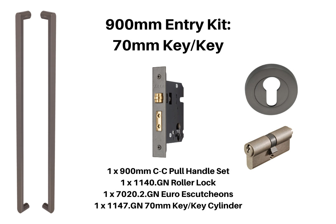 Product picture of the Zanda Duke Graphite Nickel Pull Handle 900mm 70mm Key/Key Mortice Lock Kit on a white background.
