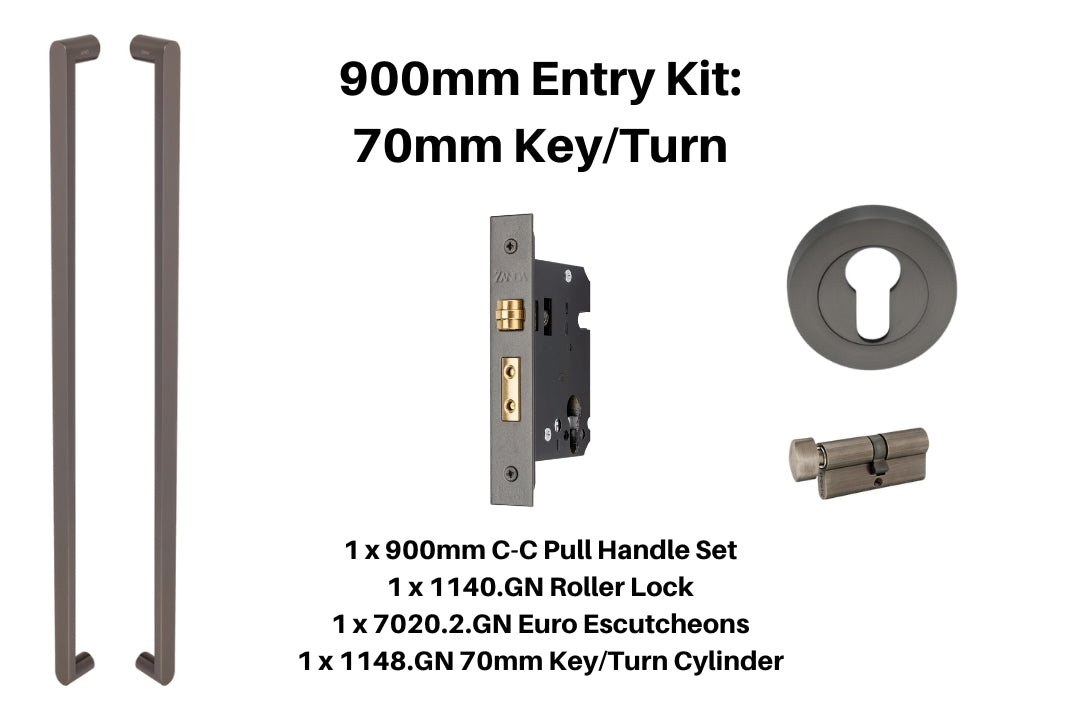 Product picture of the Zanda Duke Graphite Nickel Pull Handle 900mm 70mm Key/Turn Mortice Lock Kit on a white background.