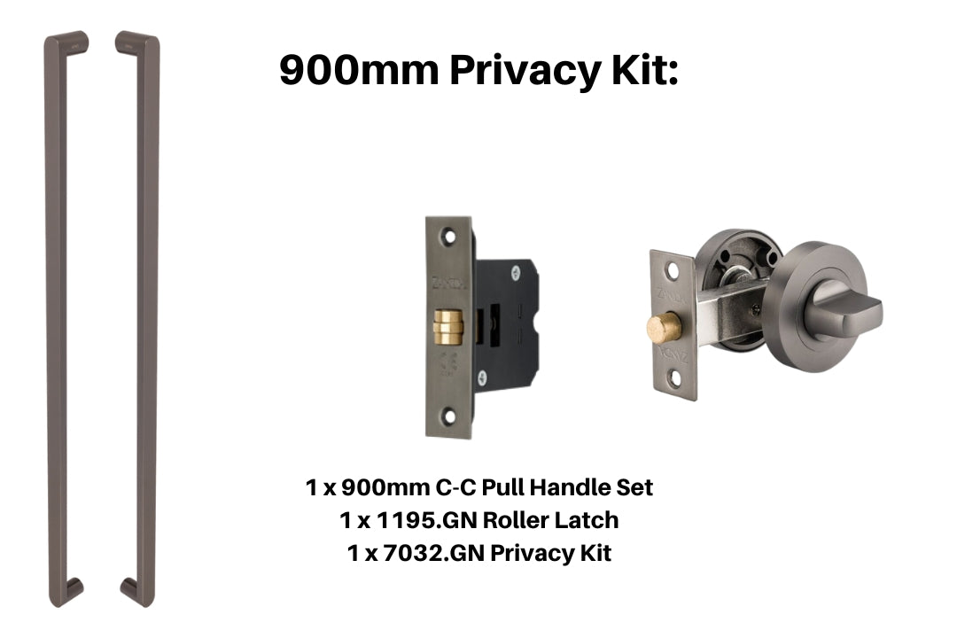 Product picture of the Zanda Duke Graphite Nickel Pull Handle 900mm Privacy Kit on a white background.