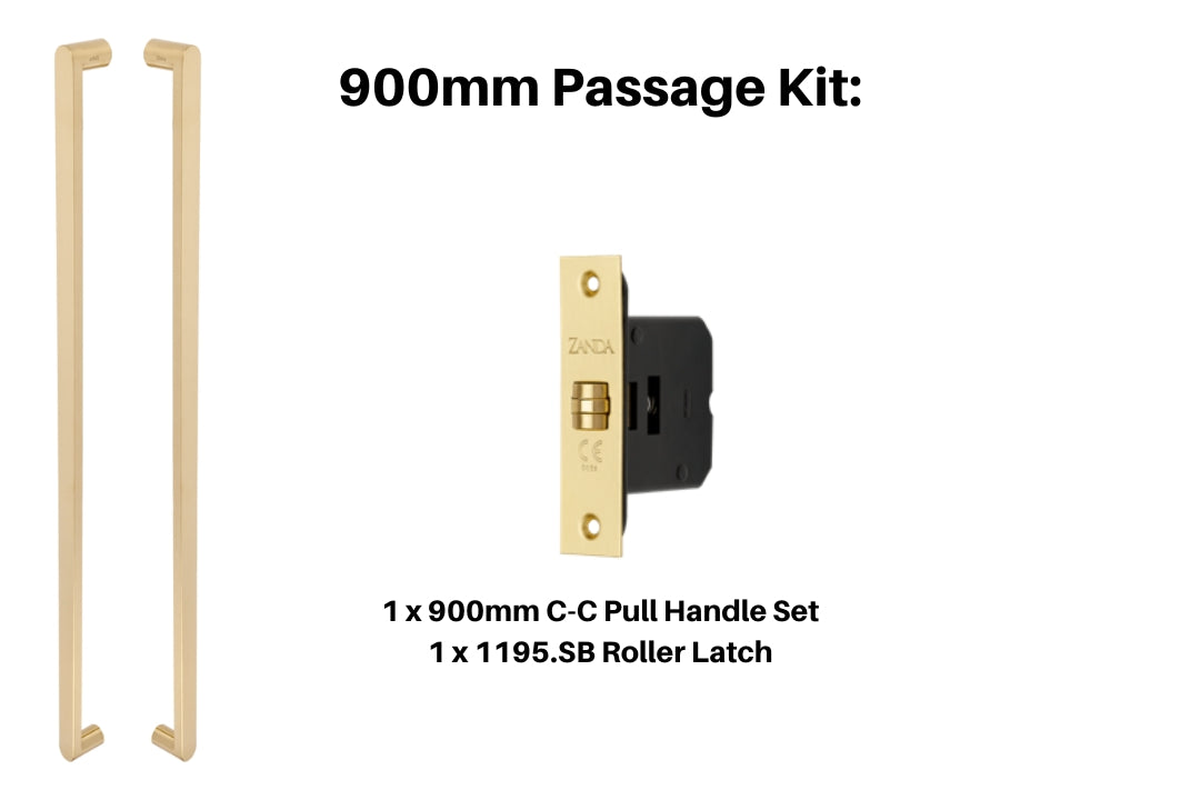 Product picture of the Duke Satin Brass Pull Handle 900mm Passage Kit on a white background.