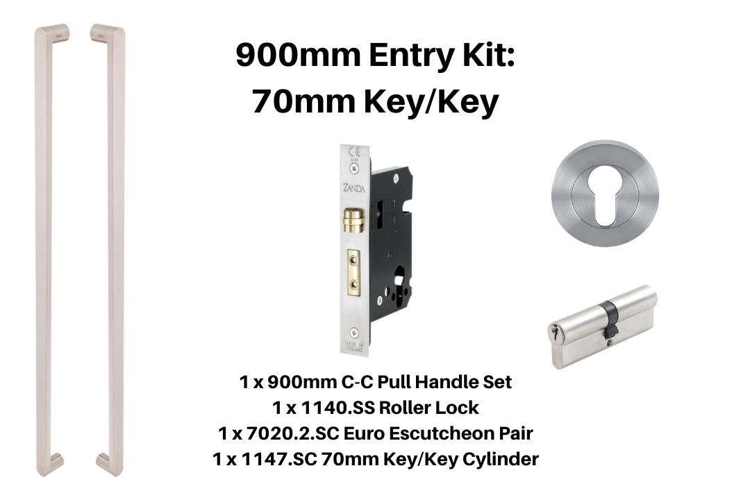 Product picture of the Duke Stainless Steel Pull Handle 900mm Entry Kit 3 on a Stainless Steel background.