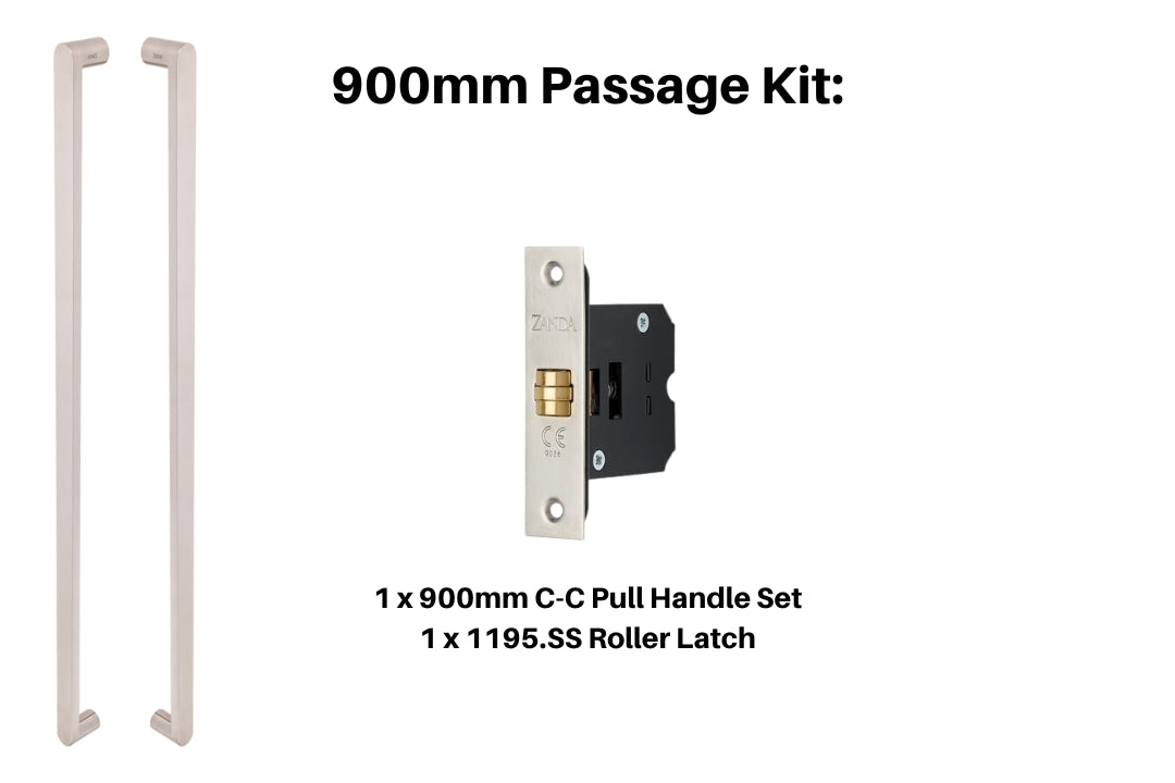 Product picture of the Duke Stainless Steel Pull Handle 900mm Passage Kit on a Stainless Steel background.