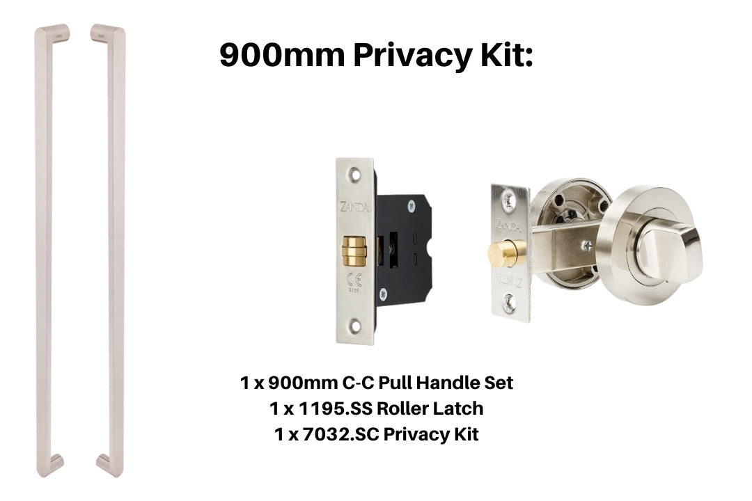 Product picture of the Duke Stainless Steel Pull Handle 900mm Privacy Kit on a Stainless Steel background.