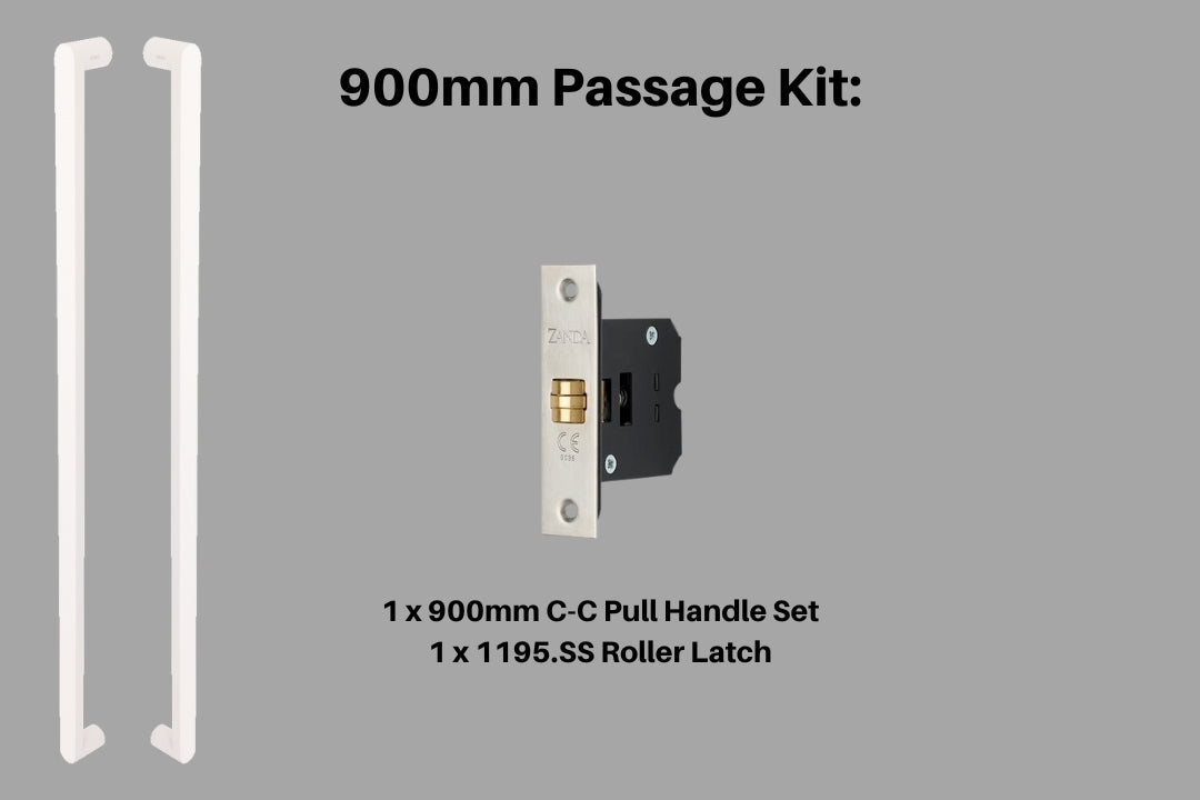Product picture of the Duke White Pull Handle 900mm Passage Kit on a white background.