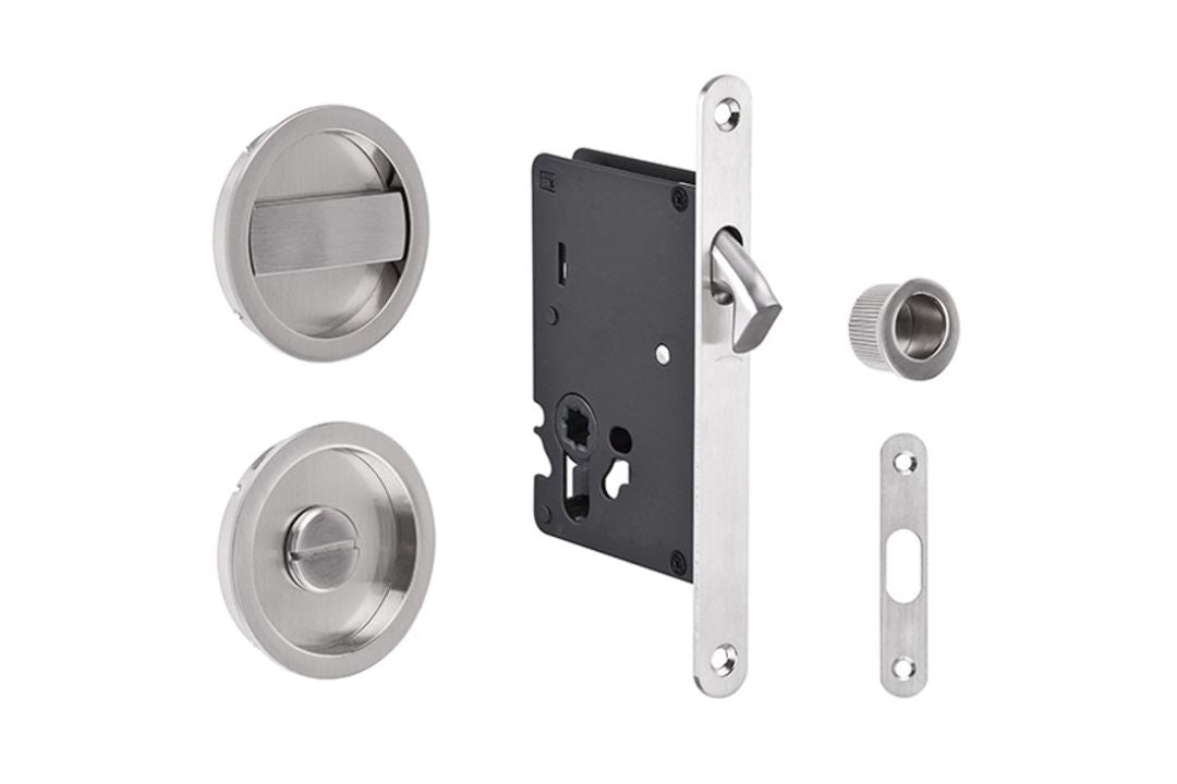Product picture of the Zanda Visca Cavity Sliding Door Privacy Kit in Brushed Nickel on a white background.