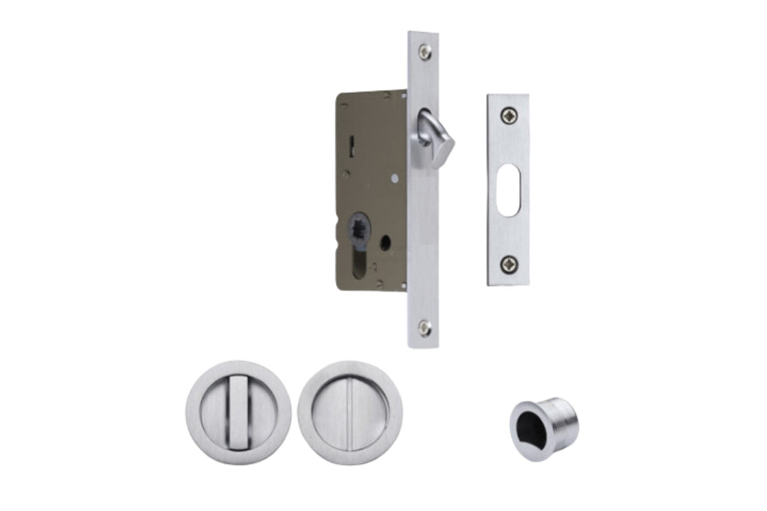 Product picture of the Visca Satin Chrome Sliding Door Privacy Kit on a white background.