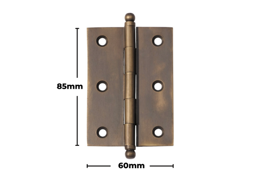 Product image along with measurements of the Architectural Choice Hinge Loose Pin Ball Antique Brass H85xW60mm 8560AB.