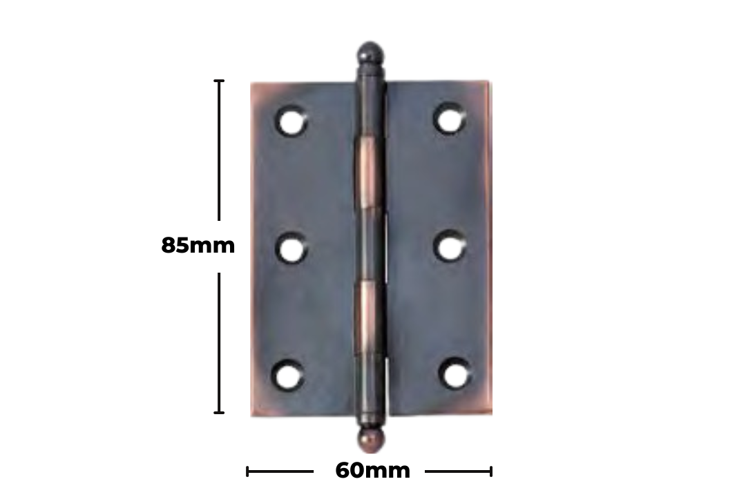 Product image with measurements of the Architectural Choice Hinge Loose Pin Ball Antique Copper H85xW60mm 8560AC.