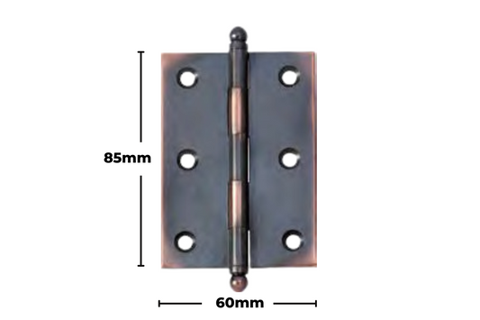 Product image with measurements of the Architectural Choice Hinge Loose Pin Ball Antique Copper H85xW60mm 8560AC.