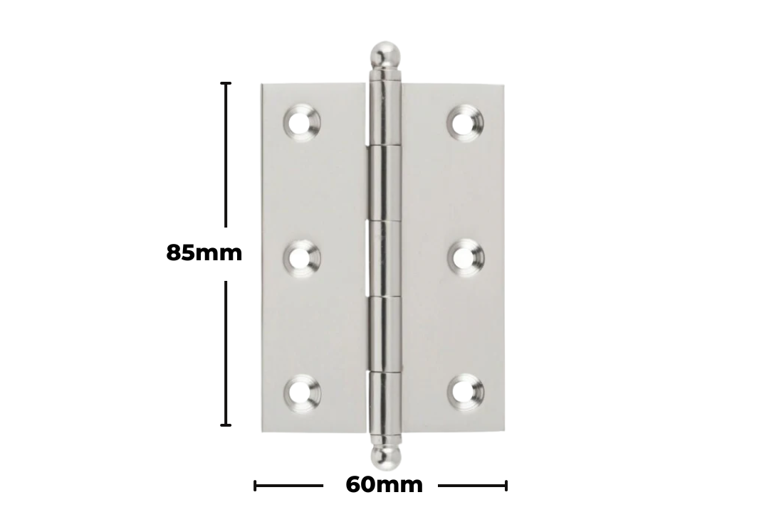Product image with measurements of the Architectural Choice Hinge Loose Pin Ball Satin Nickel H85xW60mm 8560SN.