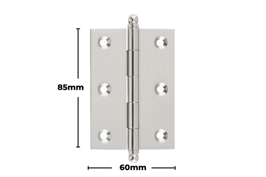Product image with measurements of the Architectural Choice Hinge Loose Pin Ball Satin Nickel H85xW60mm 8560SN.