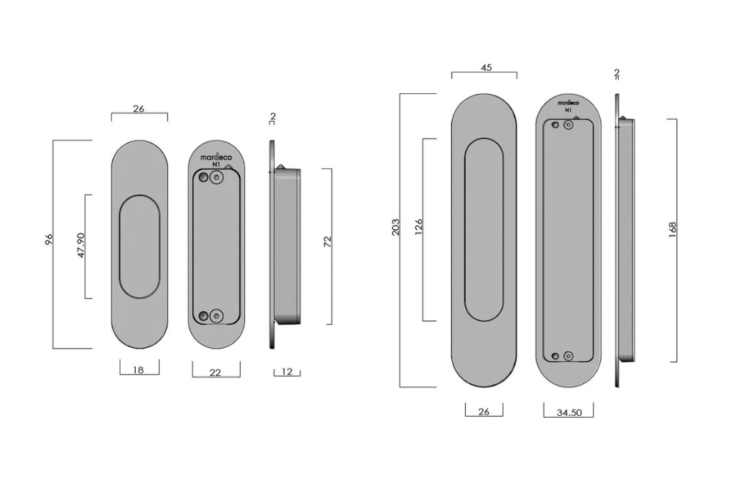 Specification drawing with measurements of the Mardeco Radius Edge M Series Flush Pull Passage Set.
