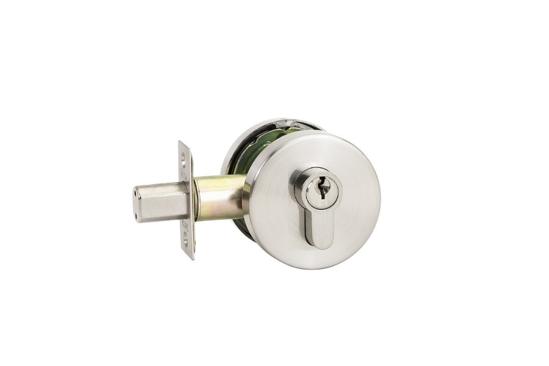 Product picture of the Brushed Nickel Zanda Futura Deadbolt Double Cylinder on a white background.