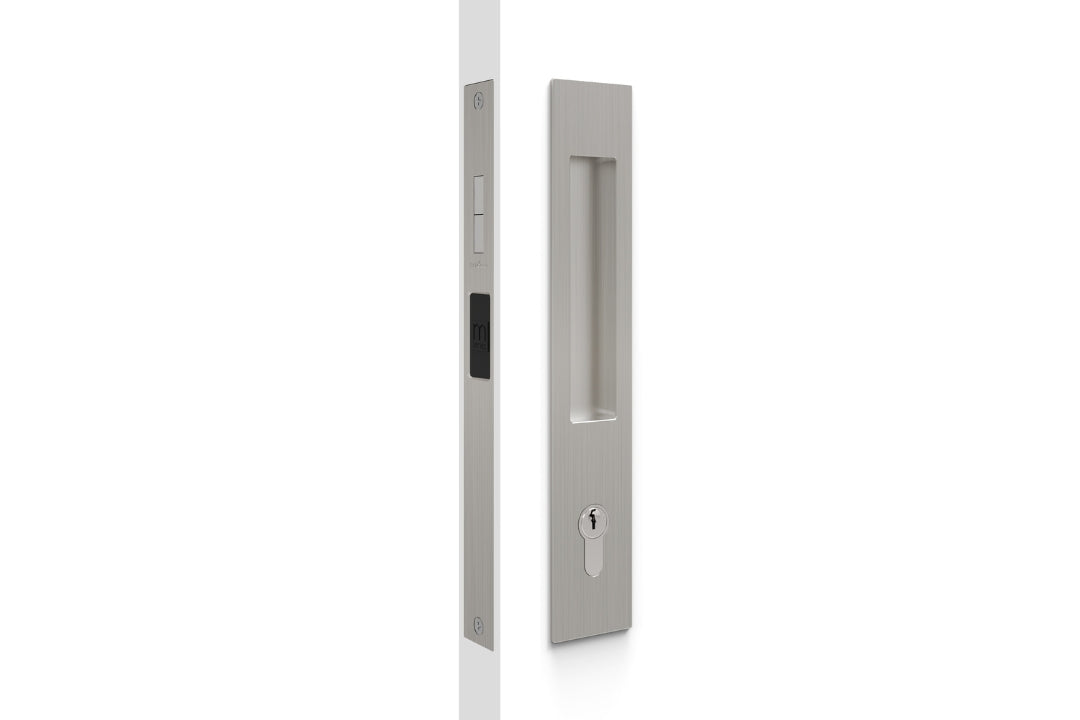 Product image of the BN8104/SET Brushed Nickel Mardeco Flush Pull Euro Lockset on a white background.