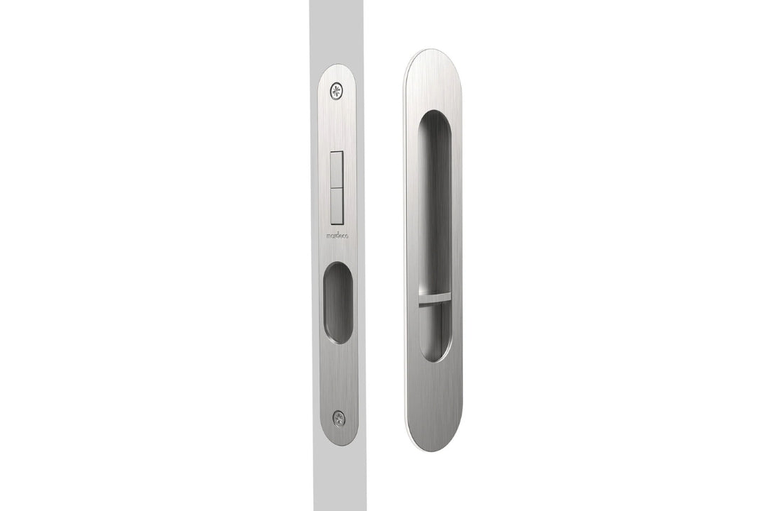 Image of the Brushed Nickel Mardeco Radius Edge M Series Flush Pull Privacy Set on a white background.