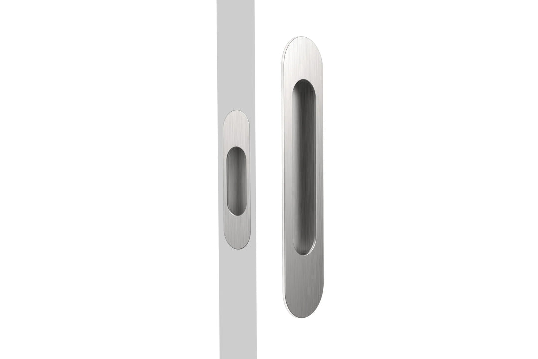 Product picture of the Brushed Nickel Mardeco Radius Edge M Series Flush Pull Passage Set.