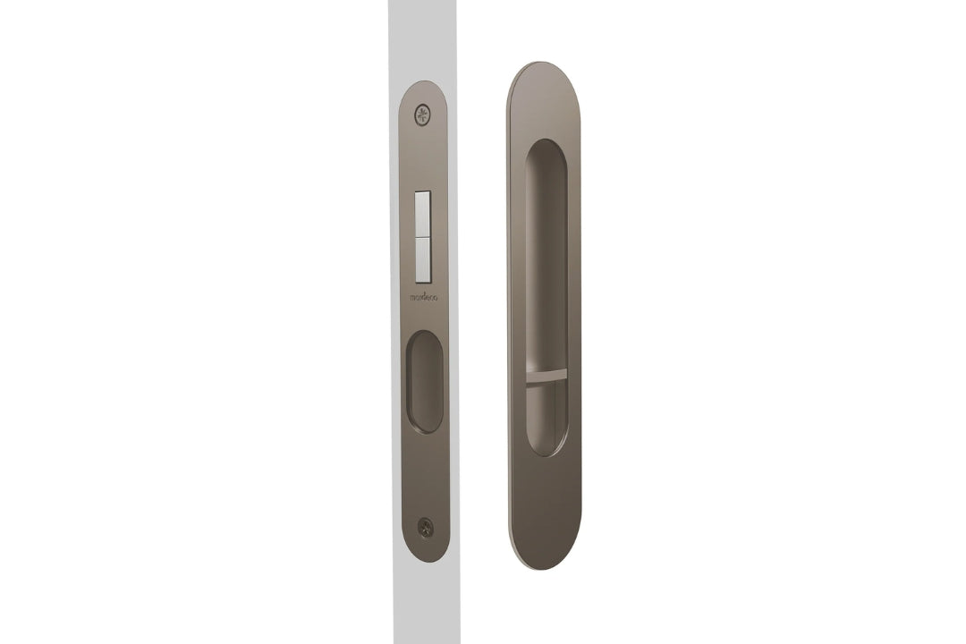 Image of the Bronze Mardeco Radius Edge M Series Flush Pull Privacy Set on a white background.