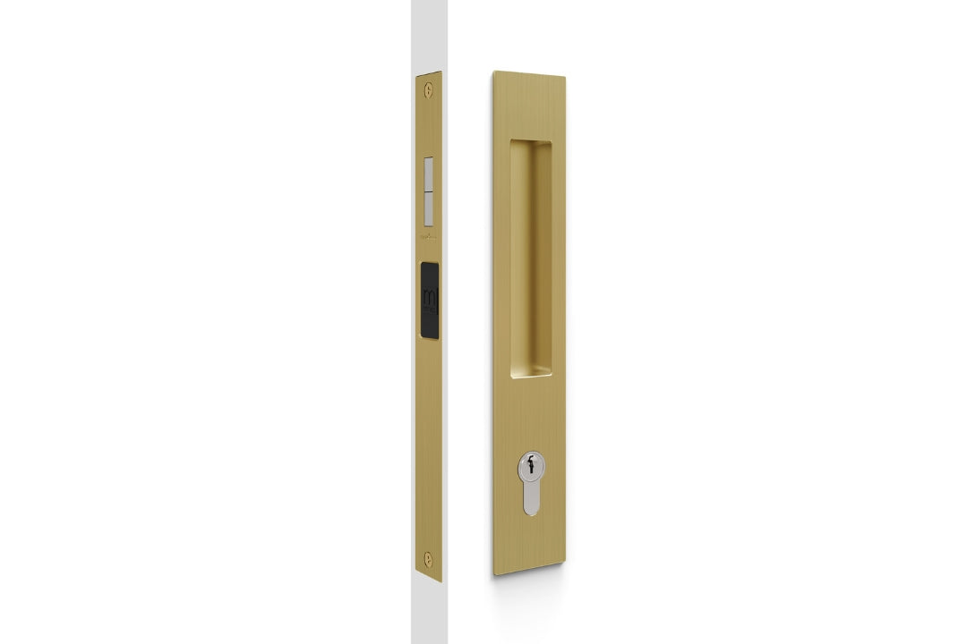 Product image of the BRS8104/SET Satin Brass Mardeco Flush Pull Euro Lockset on a white background.
