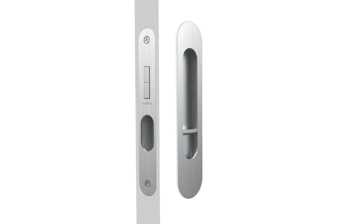Image of the Brushed Satin Chrome Mardeco Radius Edge M Series Flush Pull Privacy Set on a white background.