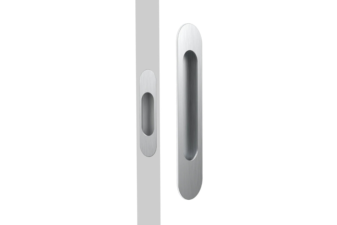 Product picture of the Brushed Satin Chrome Mardeco Radius Edge M Series Flush Pull Passage Set.