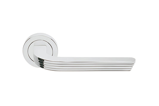 Product picture of the Manital Cloud Door Handle Lever Set on Round Rose Polished Chrome on a white background.