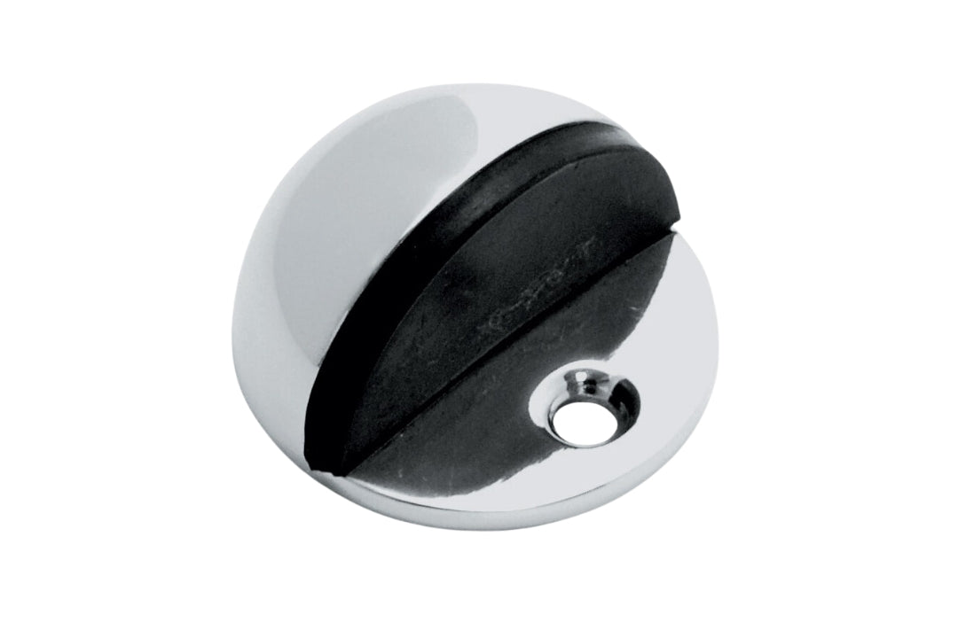 Product picture of the Nidus Door Stop Half Moon Floor Mounted Chrome Plate on a white background.
