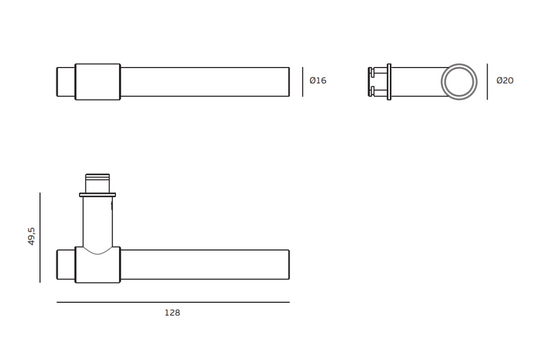 Designer specification drawing with measurements of the JNF Brooklyn Titanium Gold 16mm Door Handle Pair IN.00.145.16.TG.