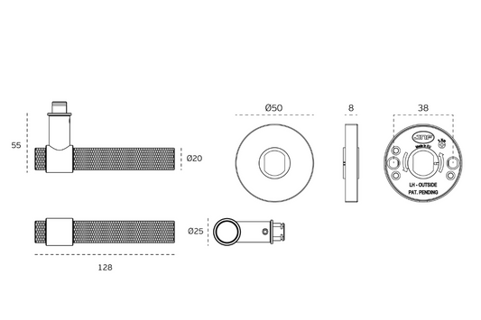 Black and white specification drawing of the JNF Monaco Knurled Door Handle Range.