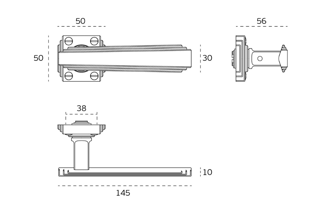 Specification drawing of the Art Deco Collection On Rose handle with rosette — premium art deco door hardware on a white background.