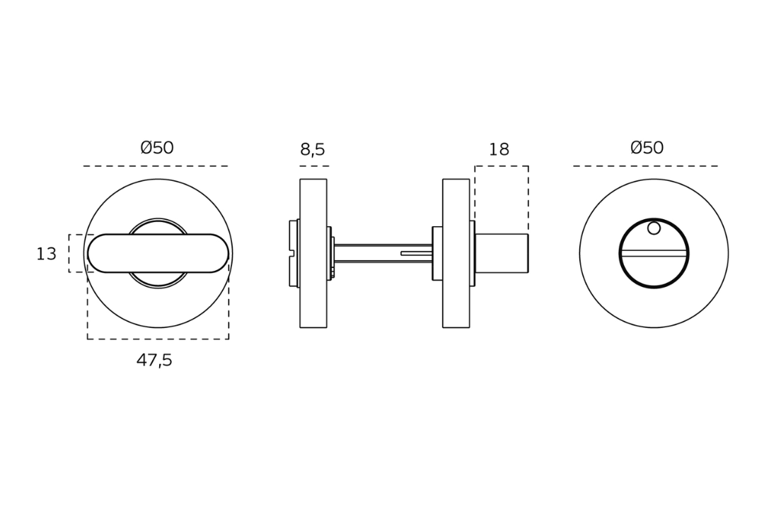 Specification drawing with measurements of the JNF Satin Stainless Steel Privacy Turn and Release IN.04.112.