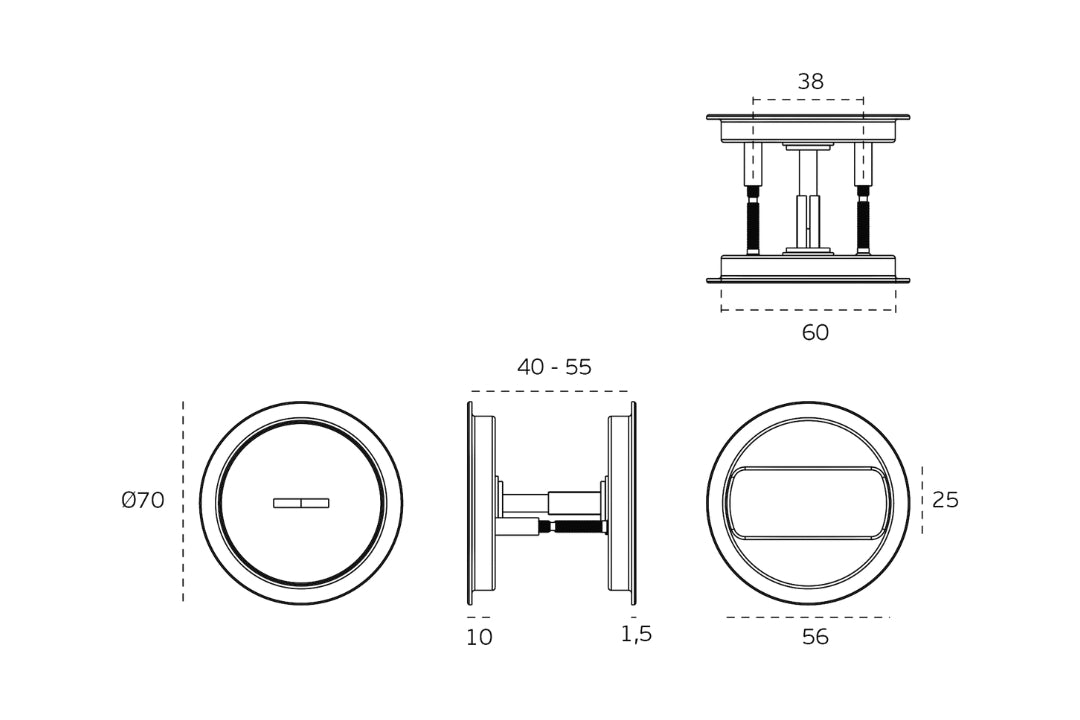 Black specification line drawing of the Satin Brass Flush Pull Privacy by Architectural Choice on a white background.