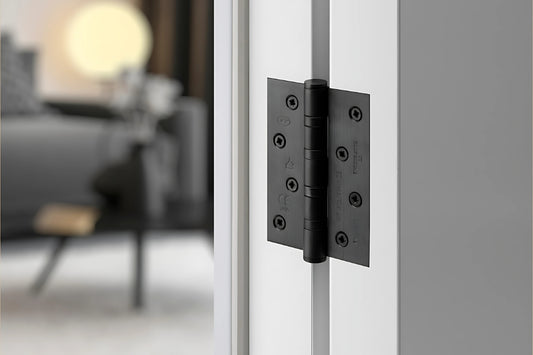 The JNF Ball Bearing Hinge 100x75mm Matt Black installed on an off white door.