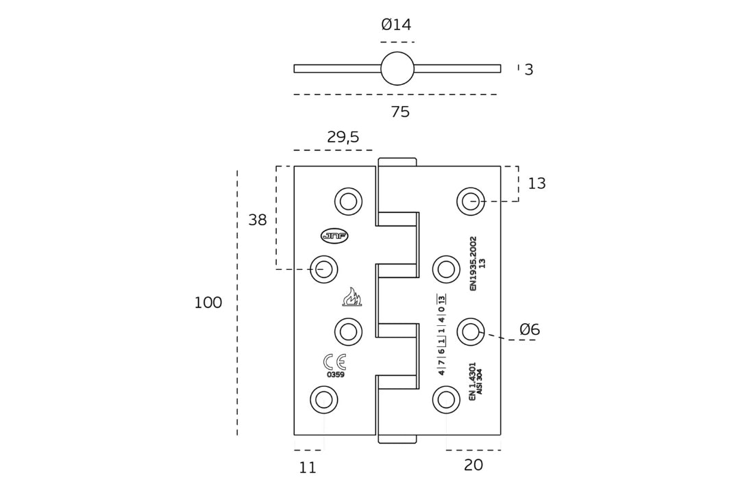 Specification drawing with measurements of the JNF Ball Bearing Hinge 100x75mm.