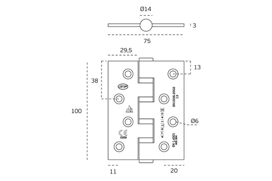 Specification drawing with measurements of the JNF Ball Bearing Hinge 100x75mm.