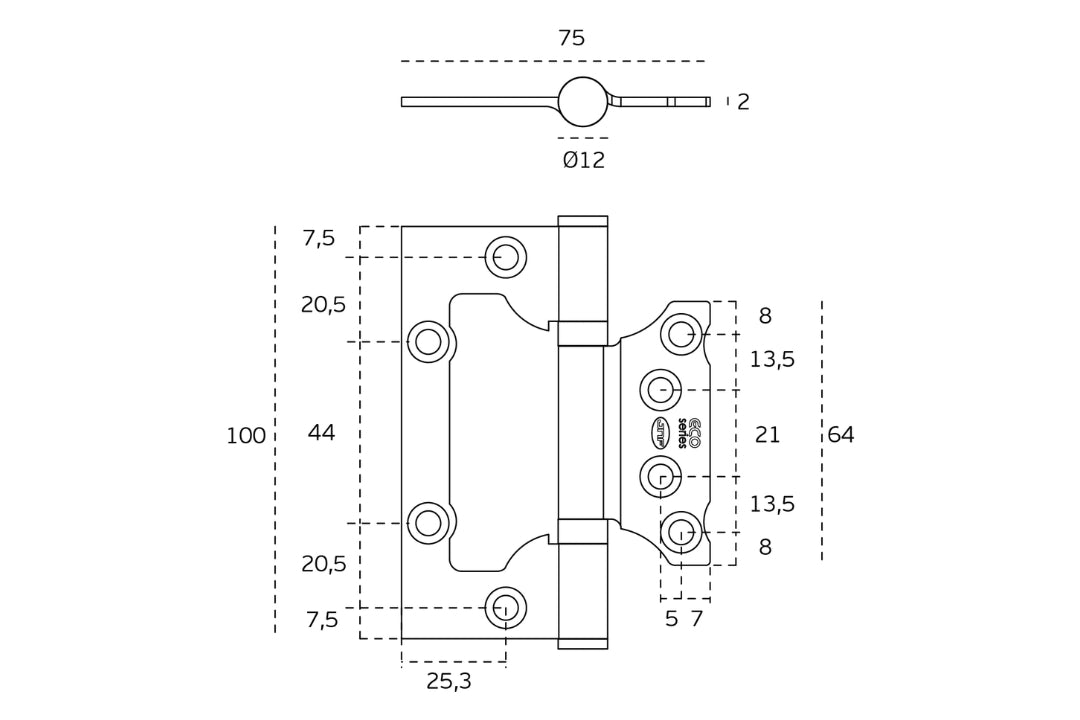 Specification drawing with measurements of the IN.05.030.ECO Stainless Steel Hirline Hinge 100x75 on a white background.