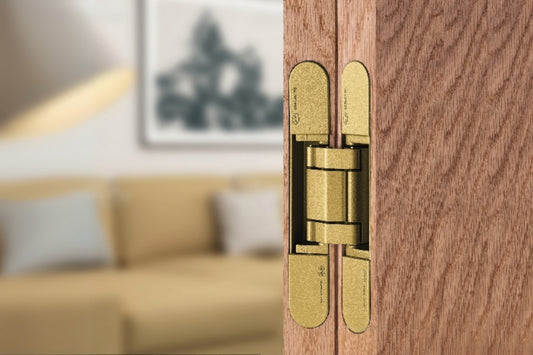 Insitu image of the IN.05.061.SG Coplan Hinge installed on a wooden door with a blurred background.